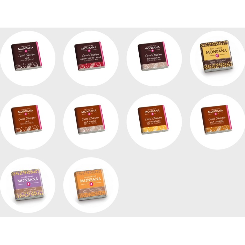 carrés 10 saveurs de chocolat noir et chocolat au lait  MONBANA