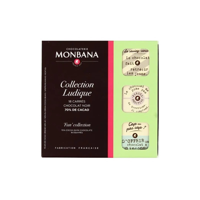 Coffret 18 Carrés de chocolat noir, Collection Ludique MONBANA
